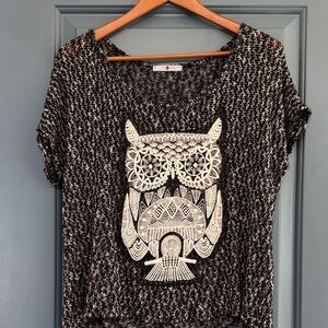 Blu Planet Embroidered Owl Sweater Top | Textured Threadwork Boho Graphic | B&W
